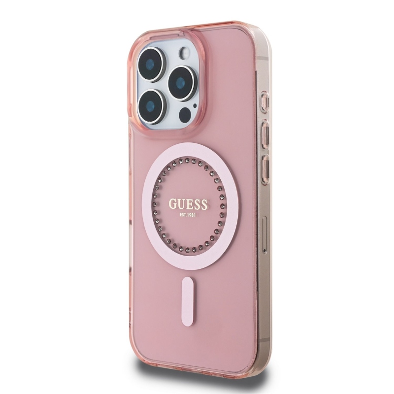 Guess IML strasszos gyűrű MagSafe hátlap iPhone 16 Pro rózsaszínű iPhone 16 Pro számára