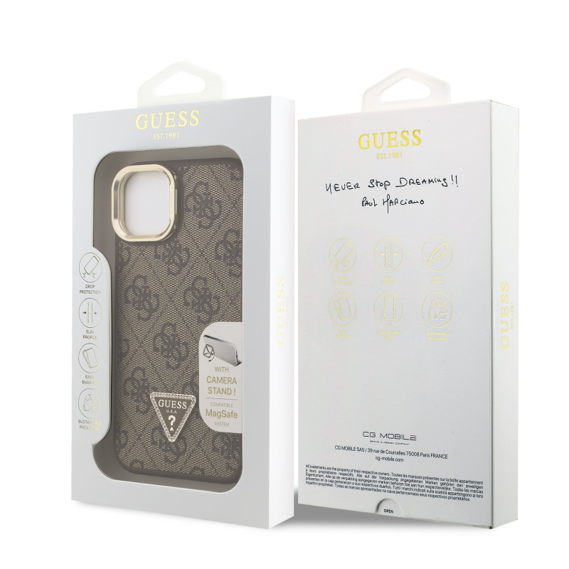 Guess PU 4G Strass háromszög logó állvány kamera keret MagSafe hátlapi borító iPhone 13 barna barna