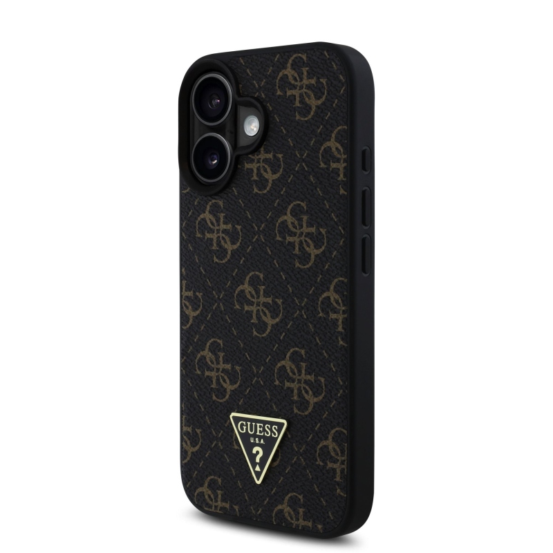 Guess PU bőr 4G háromszög fém logó hátlap iPhone 16 fekete