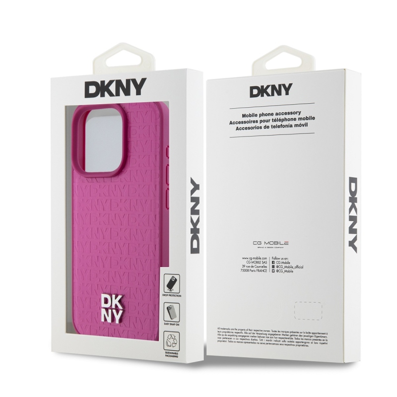 DKNY PU bőr Ismétlődő mintás Stack Logo Magsafe hátlap iPhone 15 Pro rózsaszínűhez