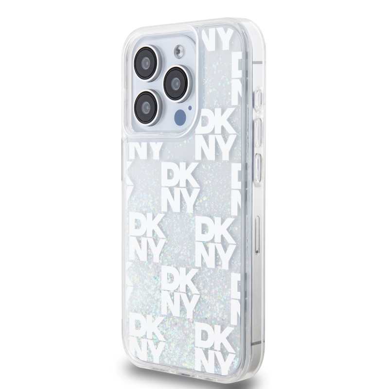 DKNY Liquid Glitter Checkered Pattern hátlap iPhone 15 Pro-hoz Átlátszó