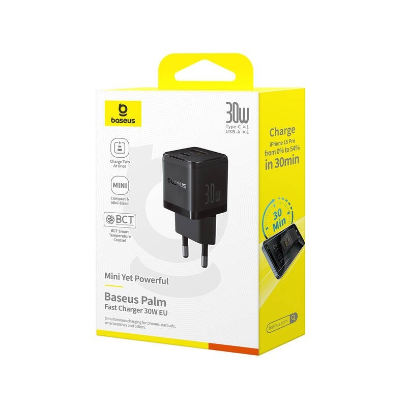 Baseus Palm gyors töltő USB-A + USB-C 30W Fekete