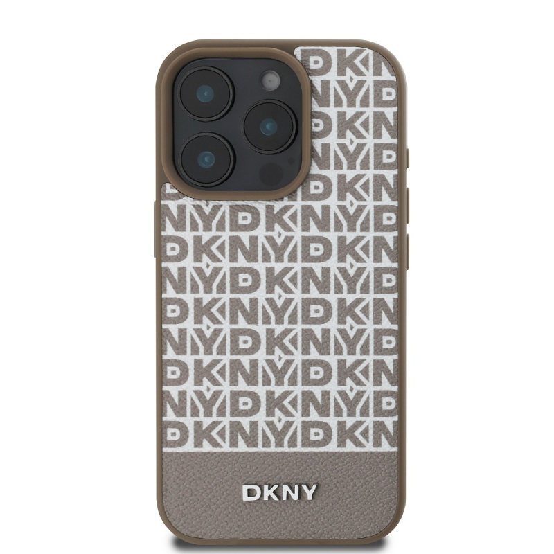 DKNY PU bőr Ismétlődő mintás alsó csík MagSafe hátlap iPhone 16 Pro barna színű borítóhoz