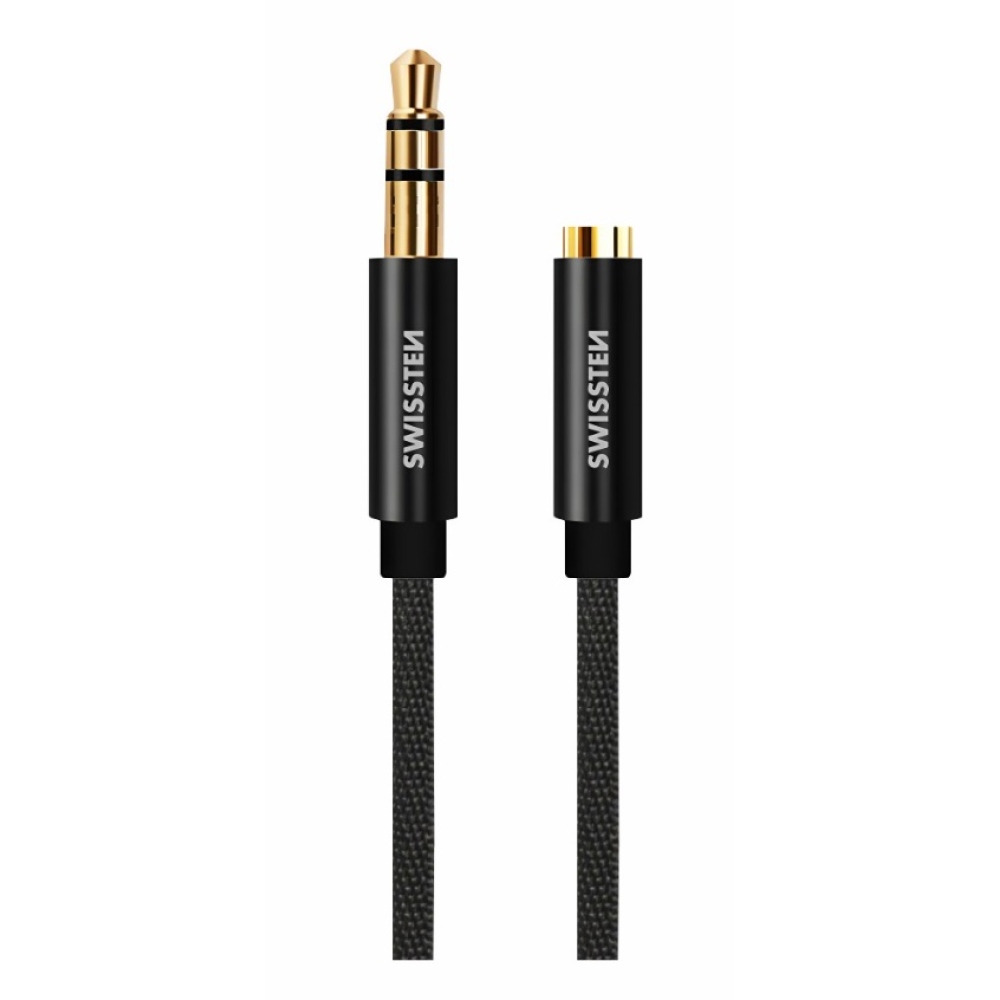 Audiokábel Swissten textil JACK (férfi) / JACK (női) 1,5m - fekete