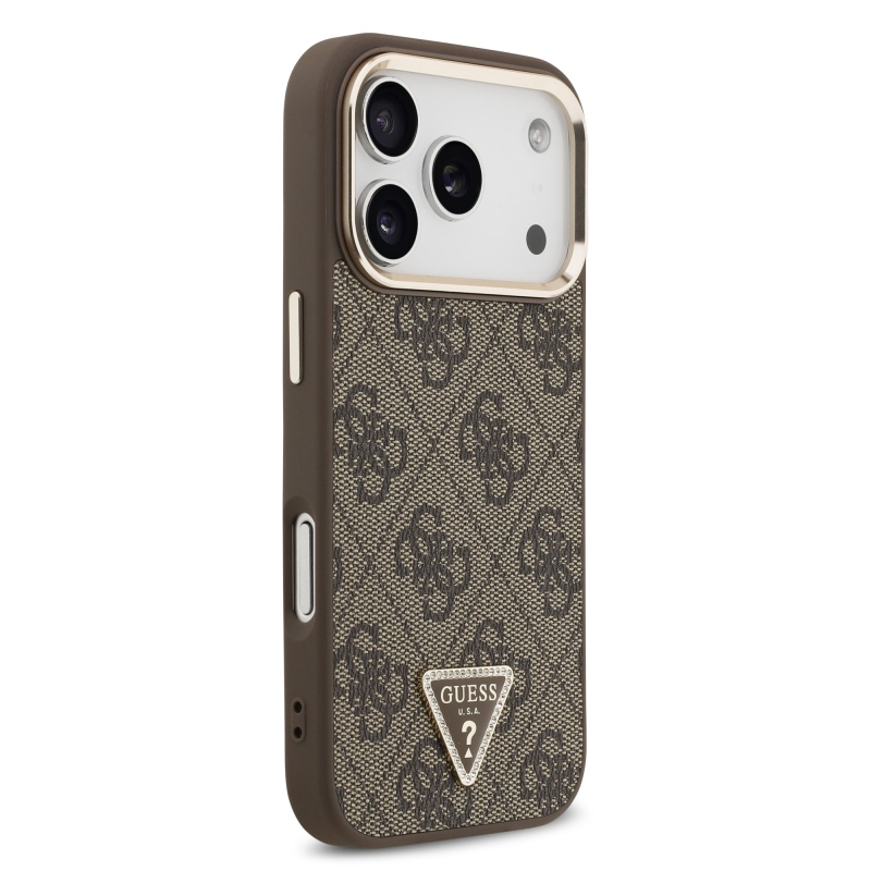 Guess PU bőr 4G Strass háromszög logó arany keret MagSafe hátlap iPhone 17 Pro barna 17 Pro barna