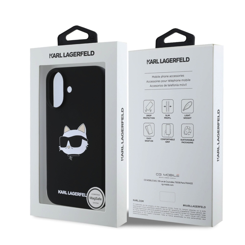 Karl Lagerfeld folyékony szilikon Choupette Head MagSafe hátlap iPhone 16-hoz Fekete