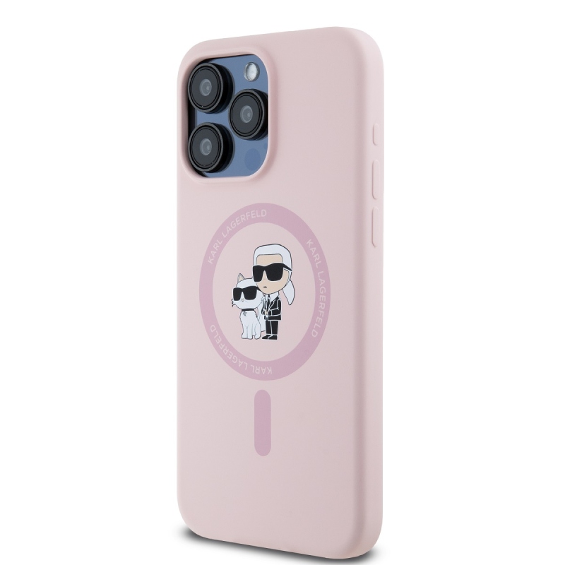 Karl Lagerfeld folyékony szilikon Karl és Choupette Magsafe hátlap iPhone 14 Pro Max rózsaszínű iPhone 14 Pro Max készülékhez