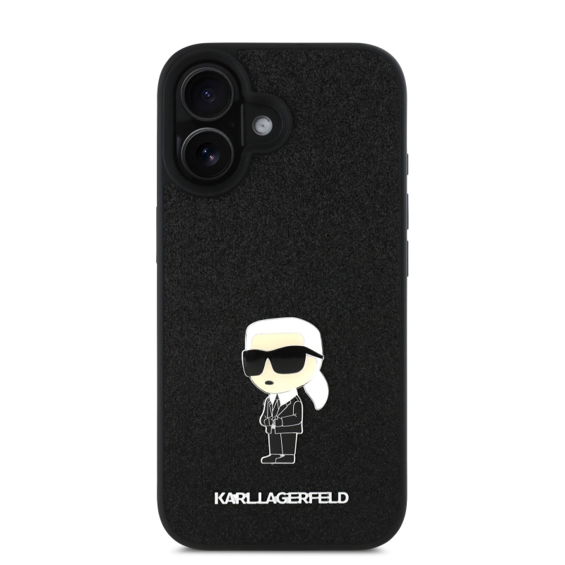 Karl Lagerfeld fix csillogó fém Ikonik hátlap iPhone 16-hoz Fekete