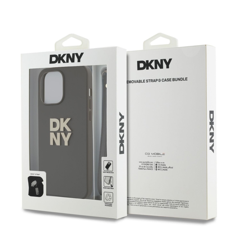 DKNY PU bőr Stack Logo csuklópánt hátlapi borító iPhone 14 Pro barna színhez