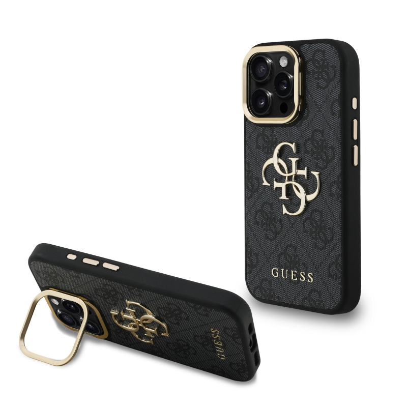 Guess PU 4G fém logó állvány kamera keret hátlapja iPhone 15 Pro Max Fekete fekete