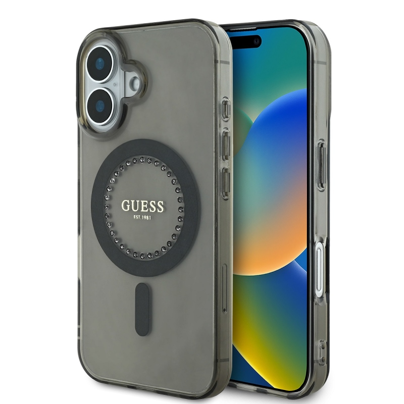Guess IML strasszos gyűrű MagSafe hátlap iPhone 16-hoz Fekete