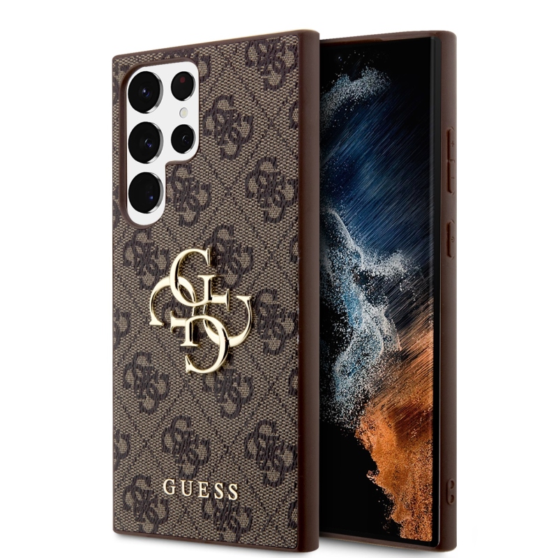Guess PU 4G fém logós hátlap Samsung Galaxy S24 Ultra Brown számára