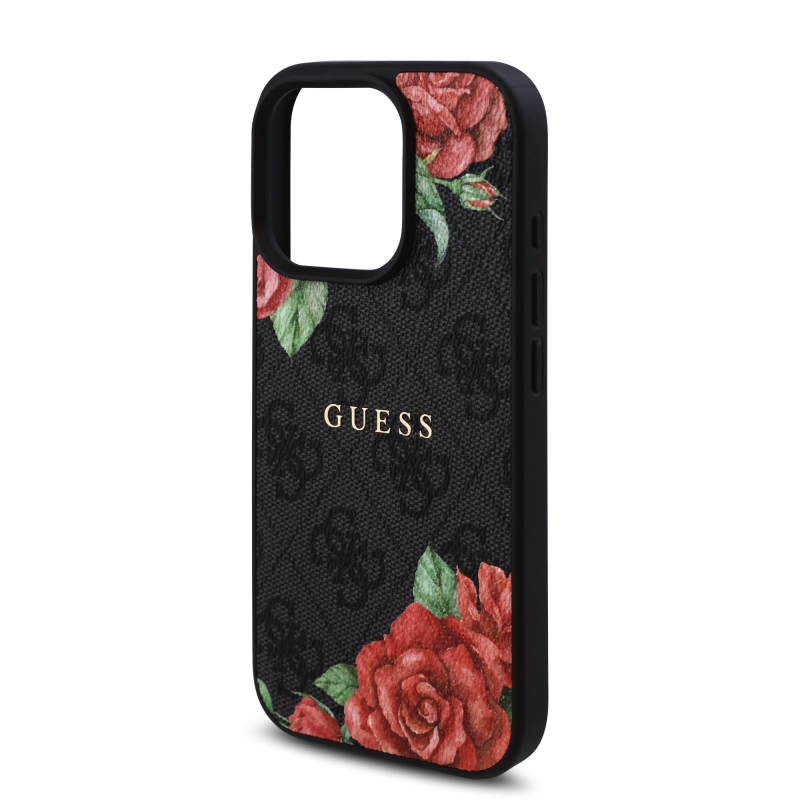 Guess PU bőr 4G rózsák MagSafe hátlap iPhone 16 Pro Fekete