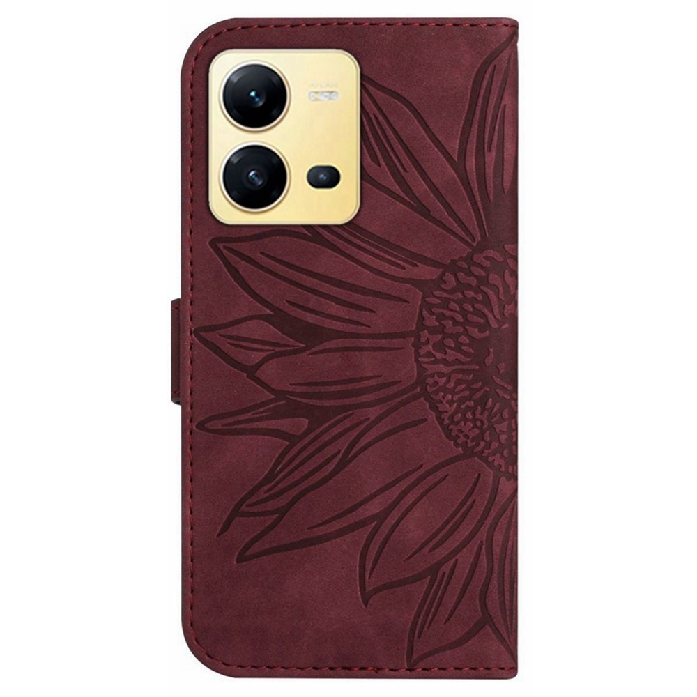 Napraforgó könyv tok a Vivo X80 Lite-hoz - bordó színű