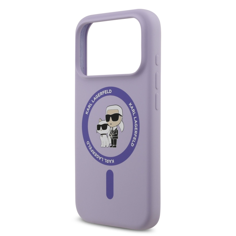 Karl Lagerfeld folyékony szilikon Karl és Choupette MagSafe hátlapi borító iPhone 17 Pro lilához