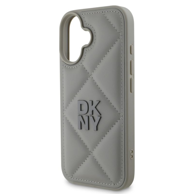 DKNY PU bőr steppelt stack logós hátlap iPhone 16 Plus készülékhez Szürke