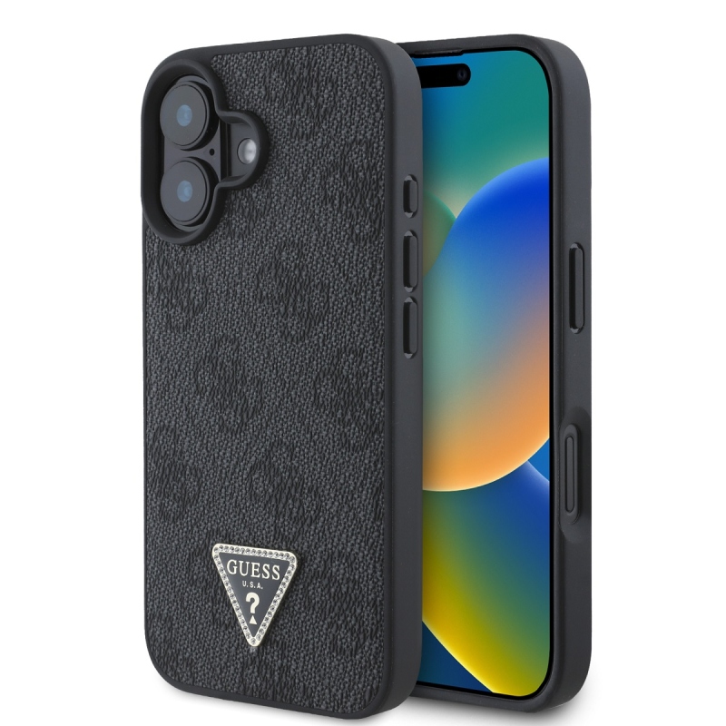 Guess PU 4G Strass háromszög fém logó hátlap iPhone 16-hoz Fekete
