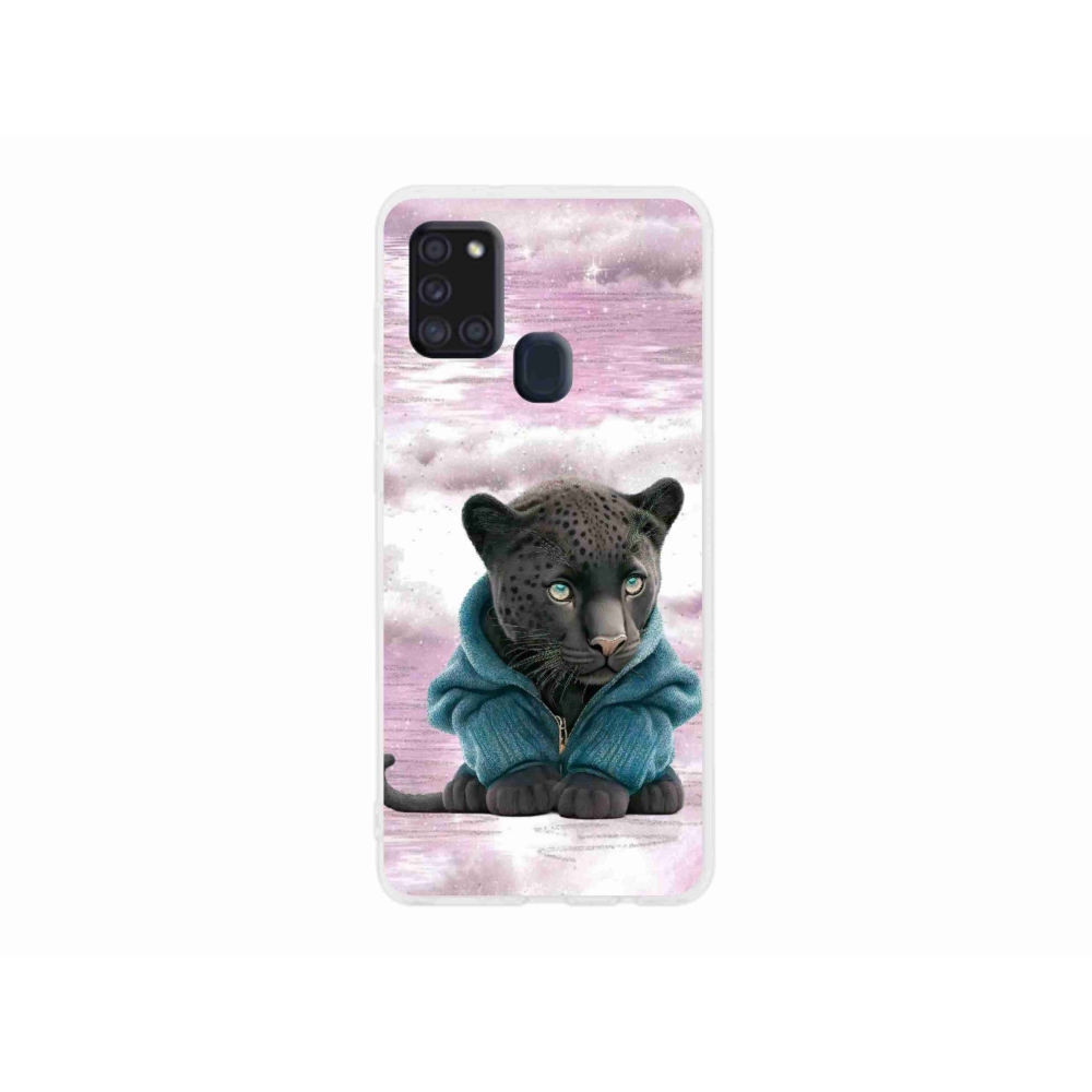 Zselés borítás mmCase Samsung Galaxy A21s készülékhez - fekete párduc pulóverben