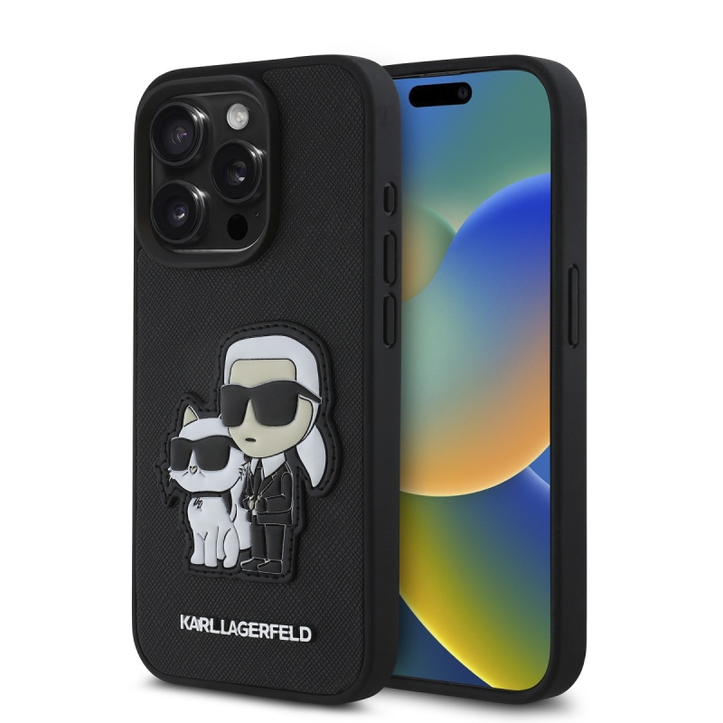Karl Lagerfeld PU Saffiano Karl és Choupette hátlap iPhone 15 Pro Max-hoz Fekete