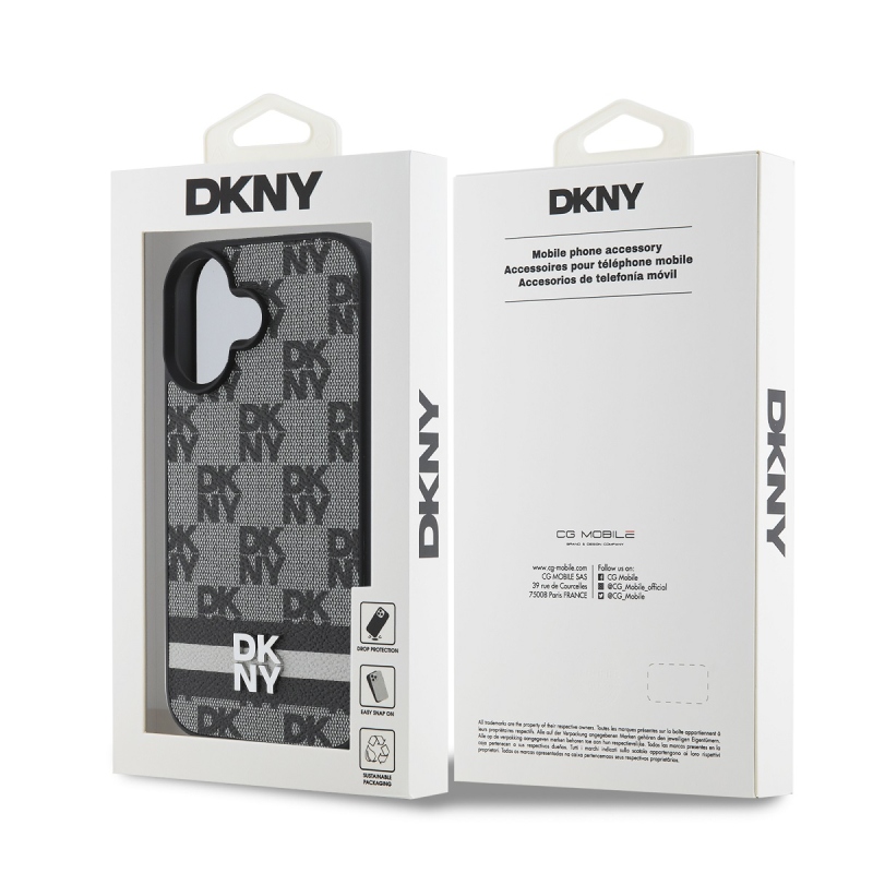 DKNY PU bőrből készült kockás mintás és csíkos hátlapi borító iPhone 16-hoz Fekete