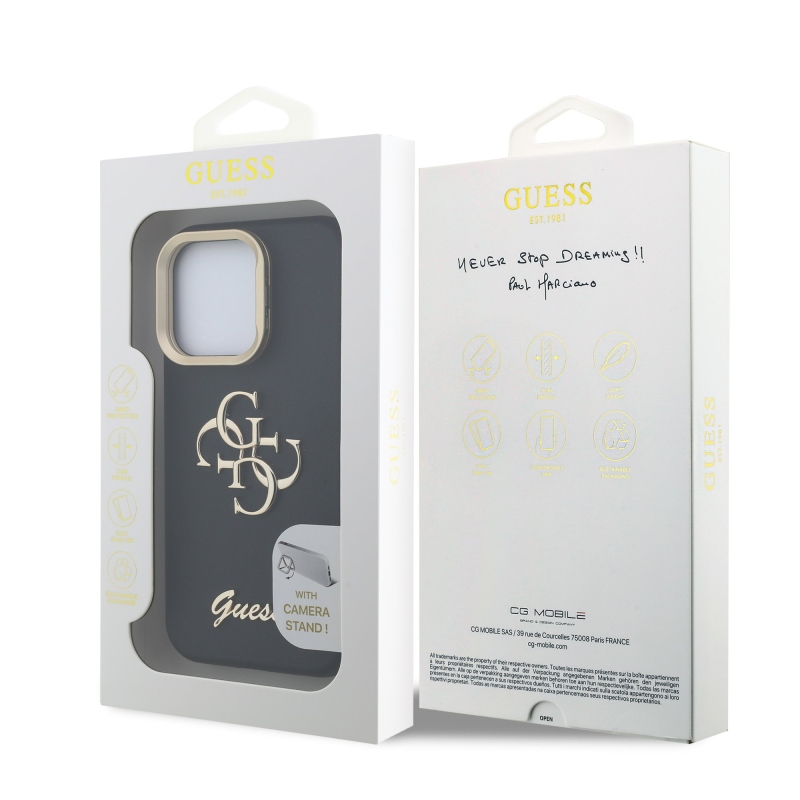 Guess PU szemcsés 4G logós állvány kamerakeret hátlap iPhone 15 Pro Max-hoz fekete