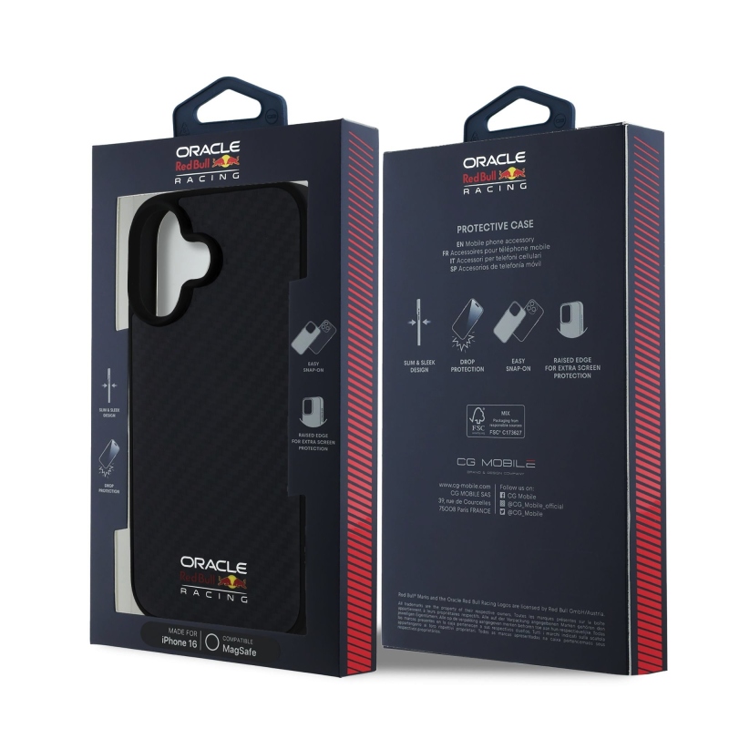 Red Bull Carbon fényes logóval ellátott MagSafe hátlap iPhone 16-hoz Fekete