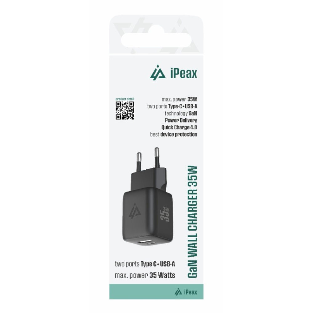 iPEAX GaN hálózati töltő 35 W, 1x USB-C és 1x USB-A - fekete