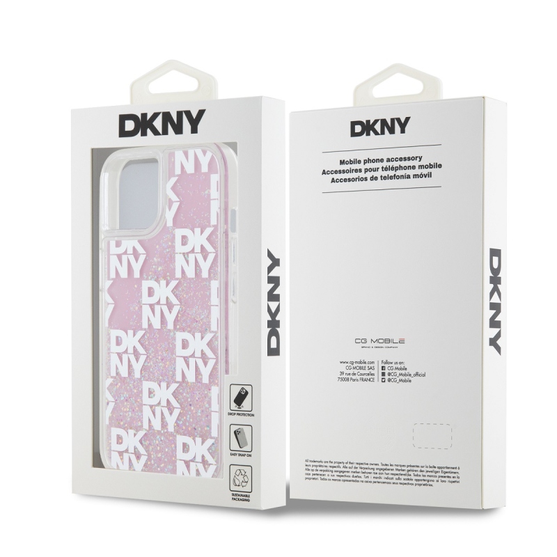 DKNY Liquid Glitter Checkered Pattern hátlapi borító iPhone 15 rózsaszínhez