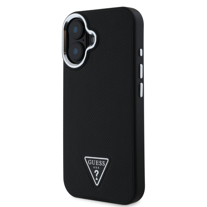 Guess PU szemcsés, háromszög alakú logós hátlap iPhone 16-hoz Fekete