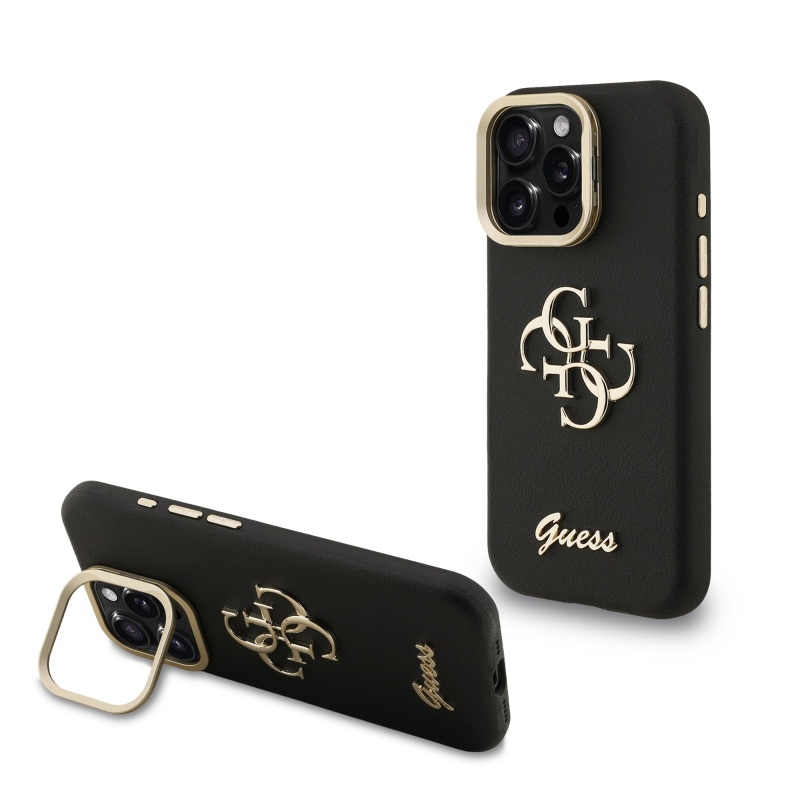 Guess PU szemcsés 4G Logo Stand Kamera keret hátlapi borító iPhone 16 Pro Max-hoz fekete