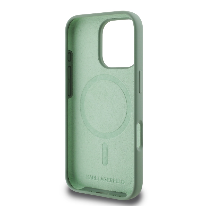 Karl Lagerfeld Liquid Silicone K&CH Heads MagSafe hátlapi borító iPhone 16 Pro készülékhez Khaki színű