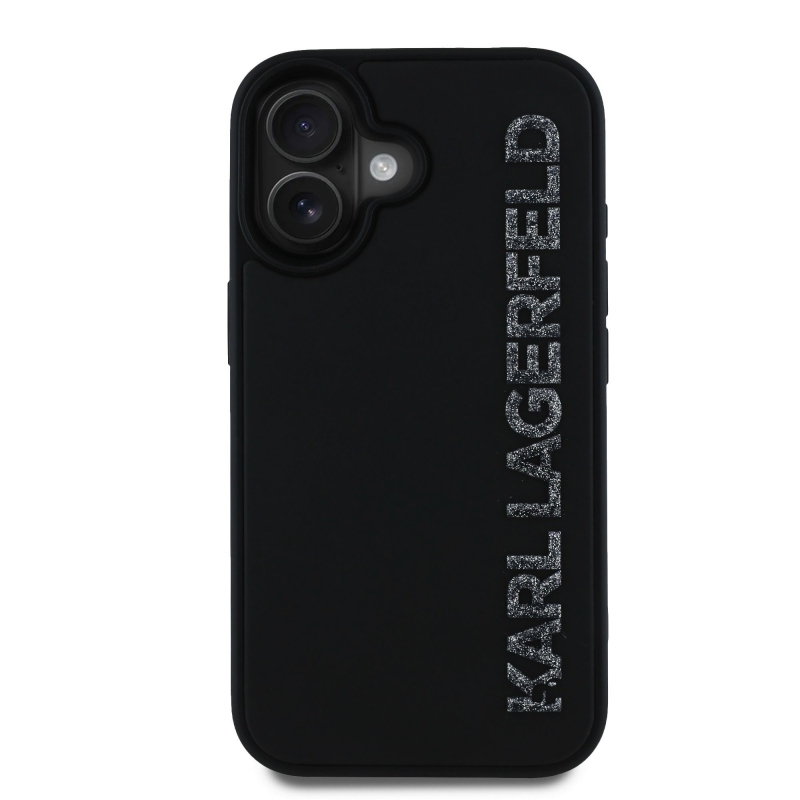 Karl Lagerfeld 3D gumiból készült csillogó logós hátlap iPhone 16-hoz Fekete