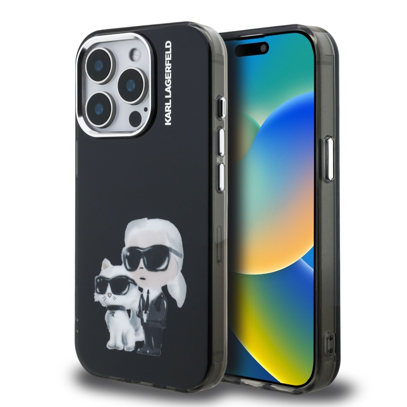 Karl Lagerfeld IML Aquarelle Karl és Choupette hátlapi borító iPhone 15 Pro készülékhez Fekete