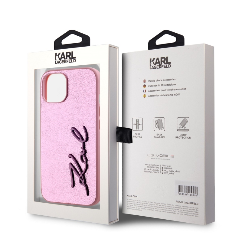 Karl Lagerfeld gyűrött PU aláírás logós hátlap iPhone 15 rózsaszínű készülékhez