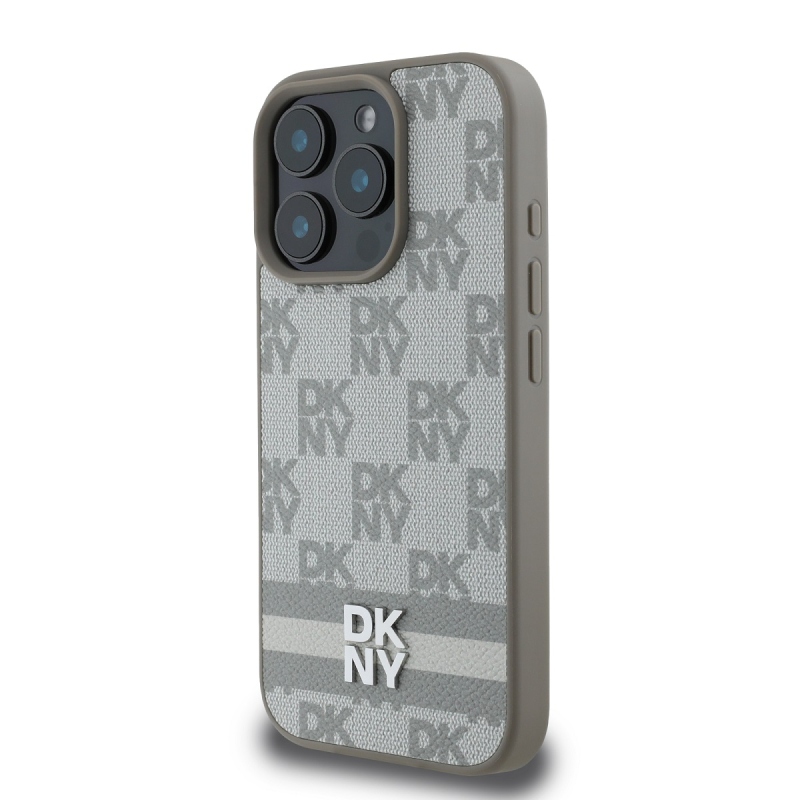 DKNY PU bőr kockás mintás és csíkos hátlapi borító iPhone 16 Pro Max bézs színűre