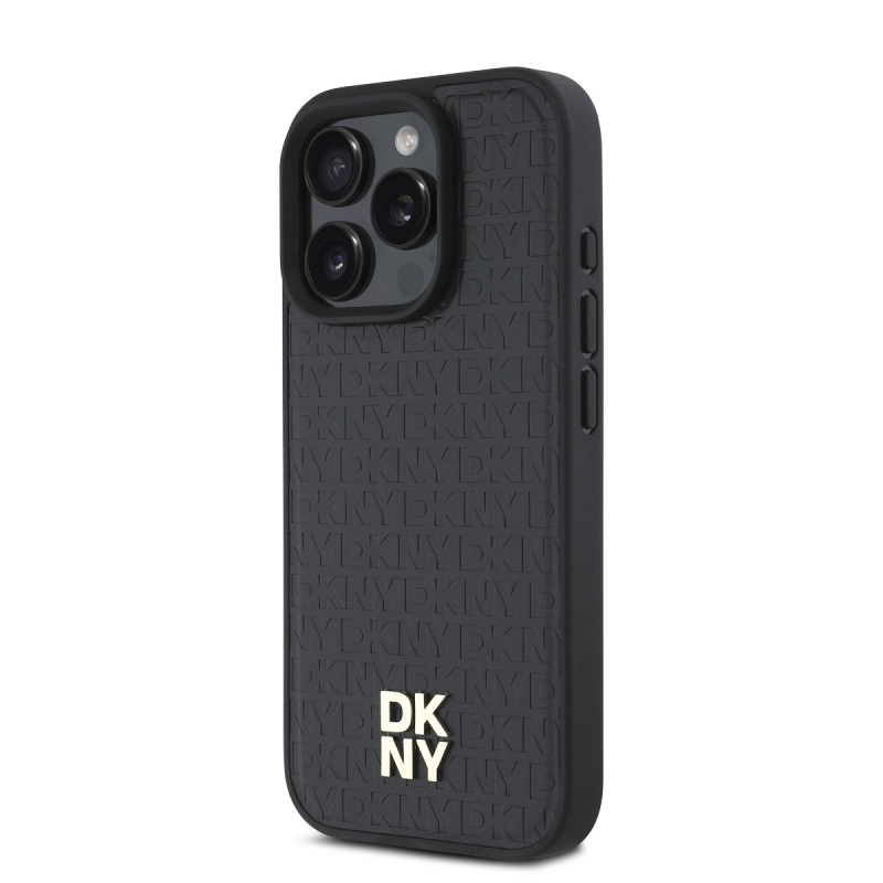 DKNY PU bőr Ismétlődő mintás Stack Logo MagSafe hátlap iPhone 16 Pro Fekete