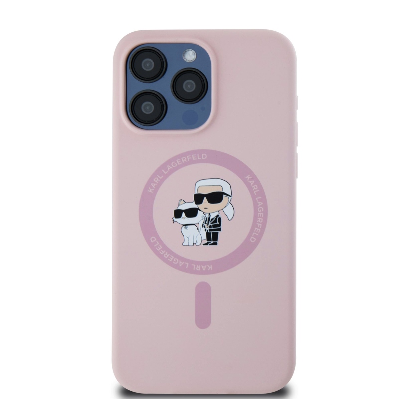 Karl Lagerfeld Folyékony szilikon Karl és Choupette Magsafe hátlap iPhone 15 Pro Max rózsaszínű készülékhez