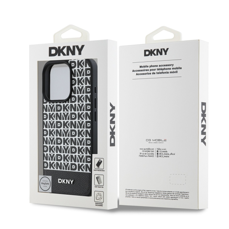 DKNY PU bőr Ismétlődő mintás alsó csík MagSafe hátlap iPhone 16 Pro Fekete