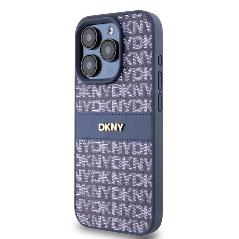 DKNY PU bőr ismétlődő mintás tonális csíkos hátlapi borító iPhone 15 Pro kékhez
