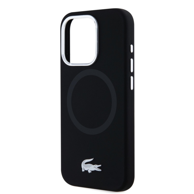 Lacoste Liquid Silicone Microfiber Silver Croc Logo MagSafe hátlap iPhone 15 Pro Fekete