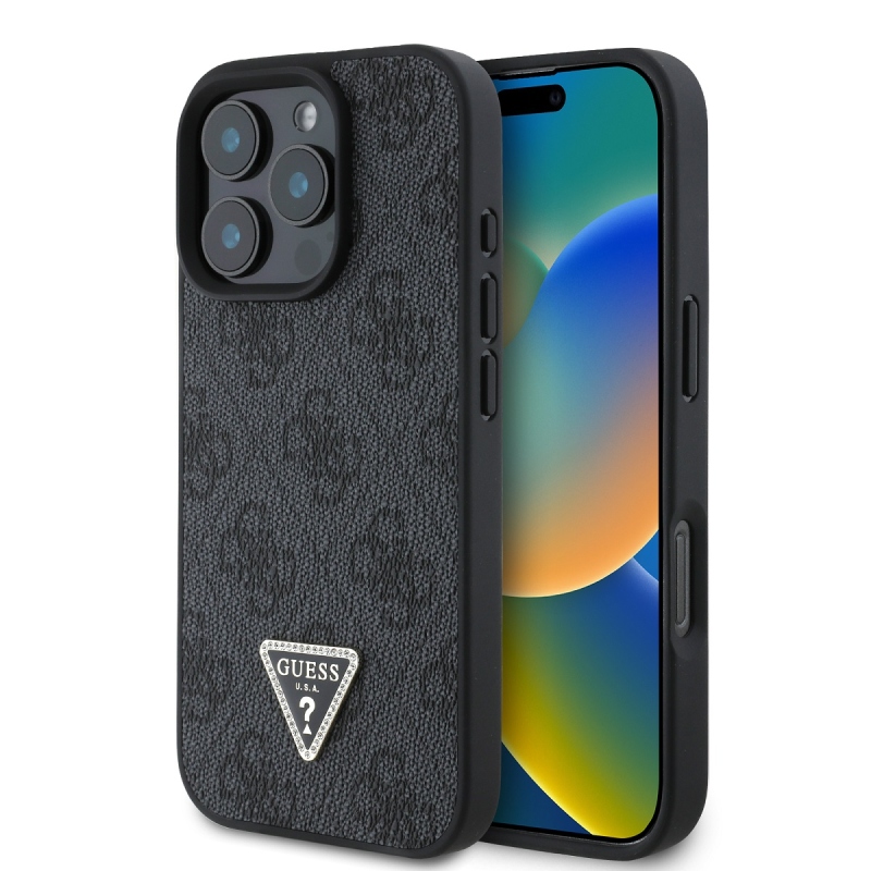 Guess PU 4G Strass háromszög fém logó hátlap iPhone 16 Pro Max fekete