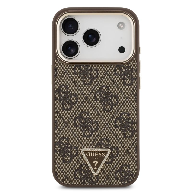 Guess PU bőr 4G Strass háromszög logó arany keret MagSafe hátlap iPhone 17 Pro barna 17 Pro barna