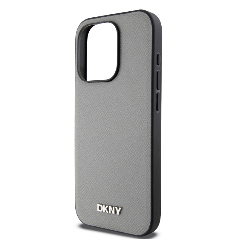 DKNY PU bőr ezüst fém logó Magsafe hátlap iPhone 14 Pro Max szürke szürkéhez