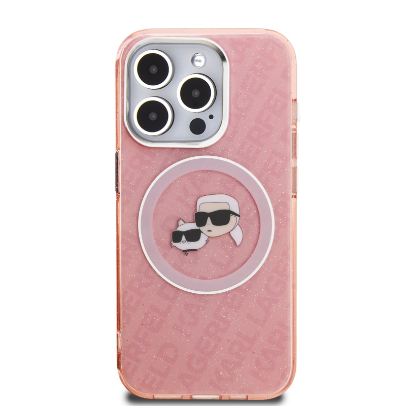 Karl Lagerfeld IML K&CH Heads Ismételt logó MagSafe hátlapi borító iPhone 15 Pro rózsaszínhez