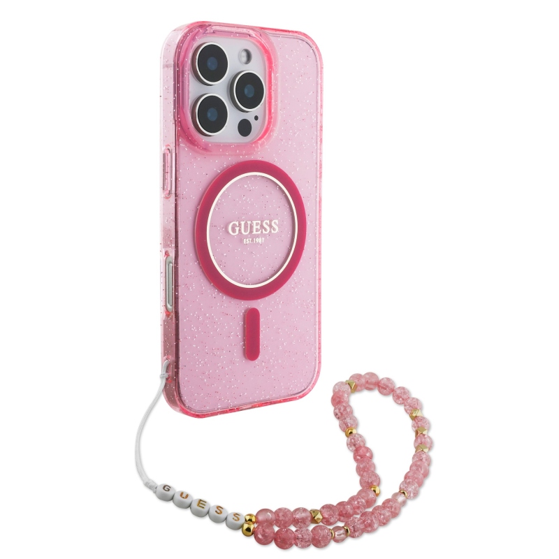 Guess IML csillogó pántos MagSafe hátlap iPhone 16 Pro rózsaszínű iPhone 16 Pro készülékhez