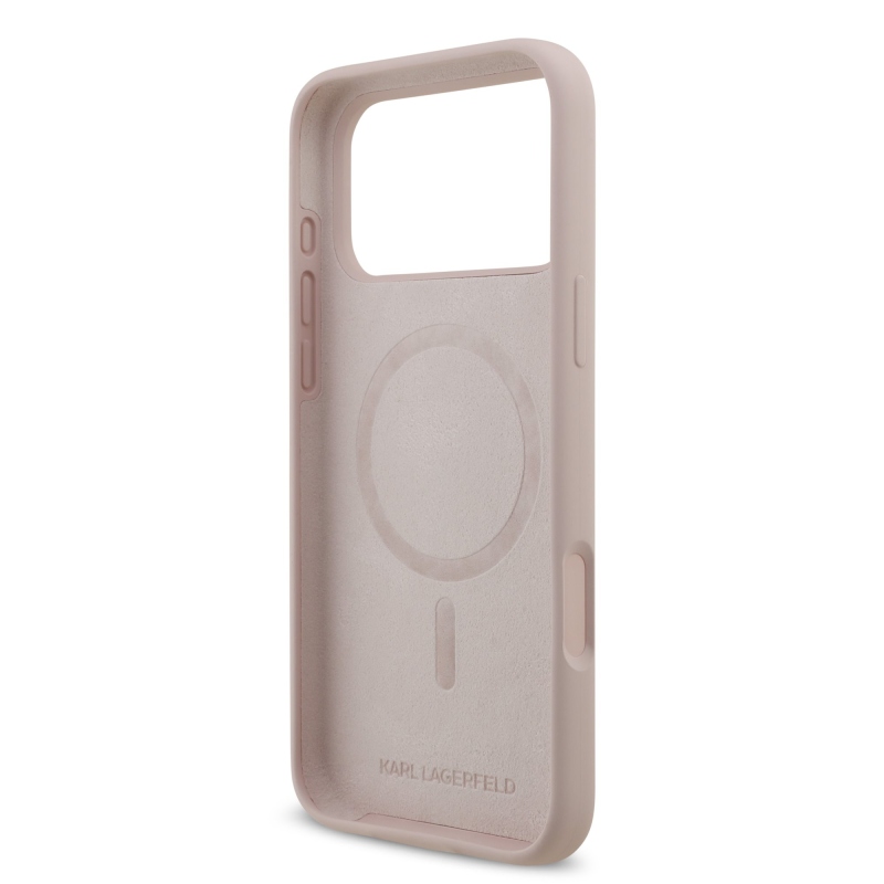 Karl Lagerfeld folyékony szilikon Karl és Choupette MagSafe hátlapi borító iPhone 17 Pro Max rózsaszínhez