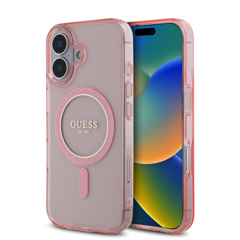 Guess IML csillogó gyűrű MagSafe hátlap iPhone 16 rózsaszínű iPhone 16-hoz