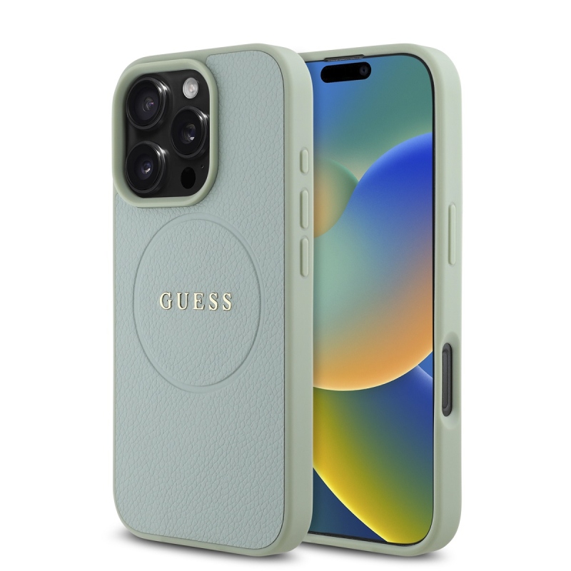 Guess PU szemcsés klasszikus logós MagSafe hátlap iPhone 16 Pro Max-hoz Zöld
