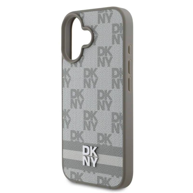 DKNY PU bőr kockás mintás és csíkos hátlapi borító iPhone 16 bézs színű készülékhez