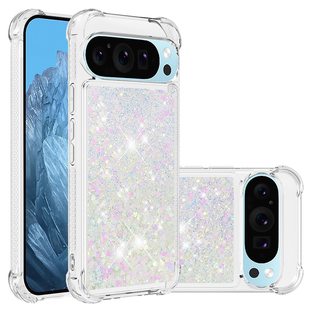 Csillogó homokóra zselés tok Google Pixel 10 Pro/Pixel 10 - rózsaszín/ezüst/szívecske